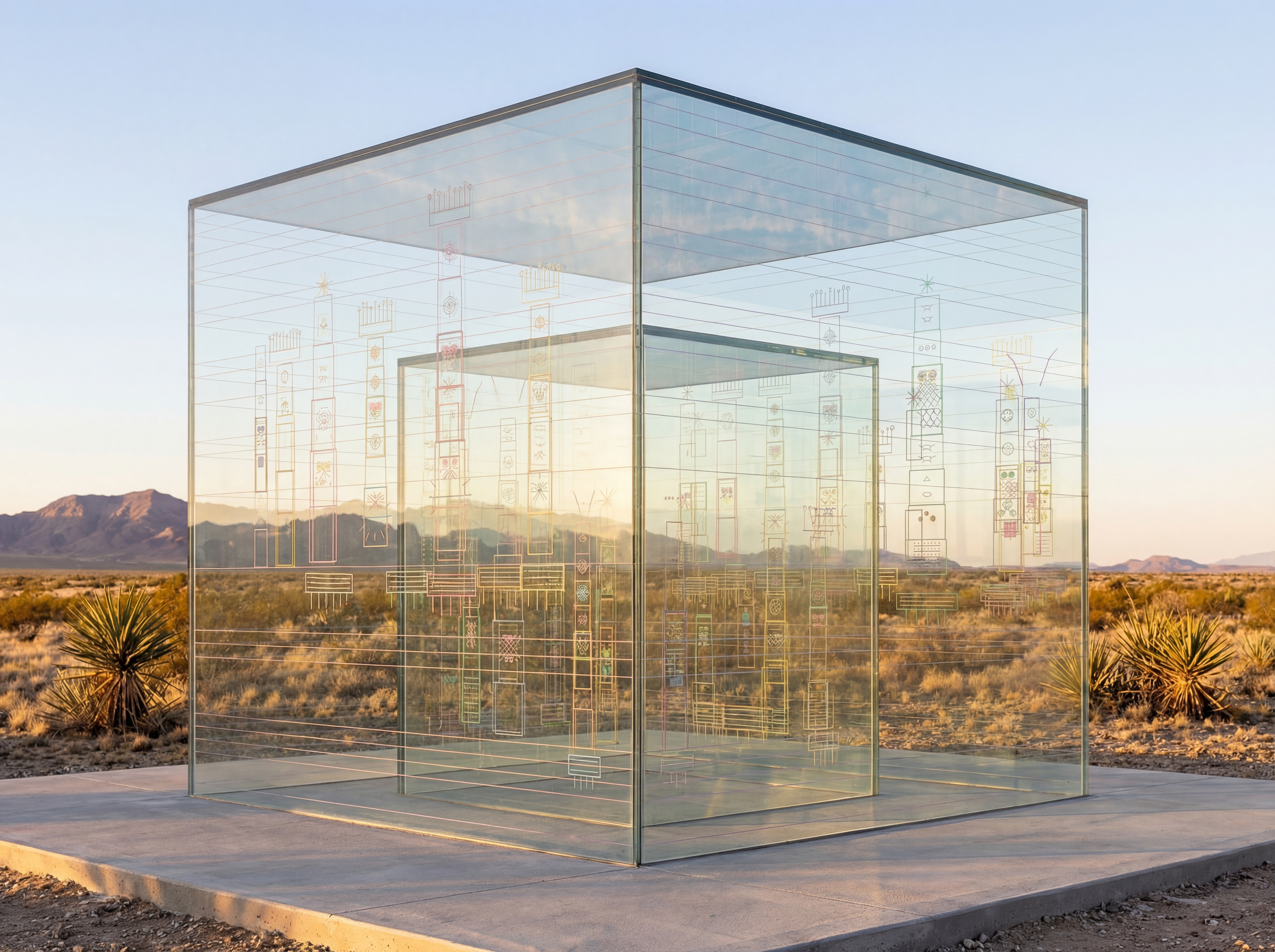 Outdoor installation — a transparent DATASPHERE glass pavilion in the Marfa desert at golden hour