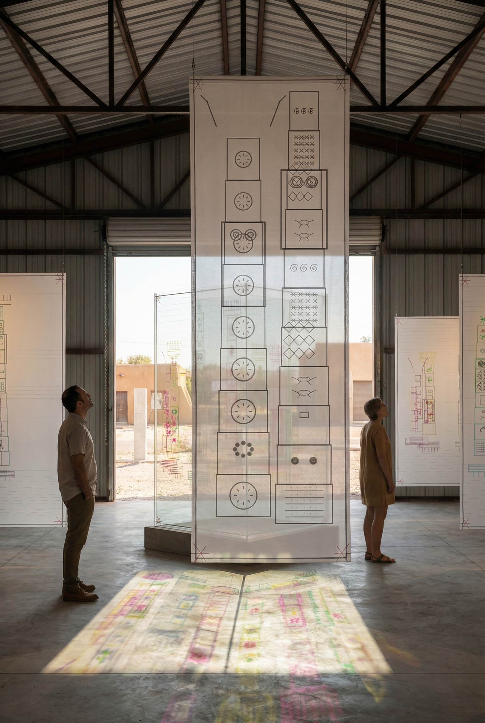 Portrait panel study — DATASPHERE 4 suspended on translucent architectural paper in a warehouse installation