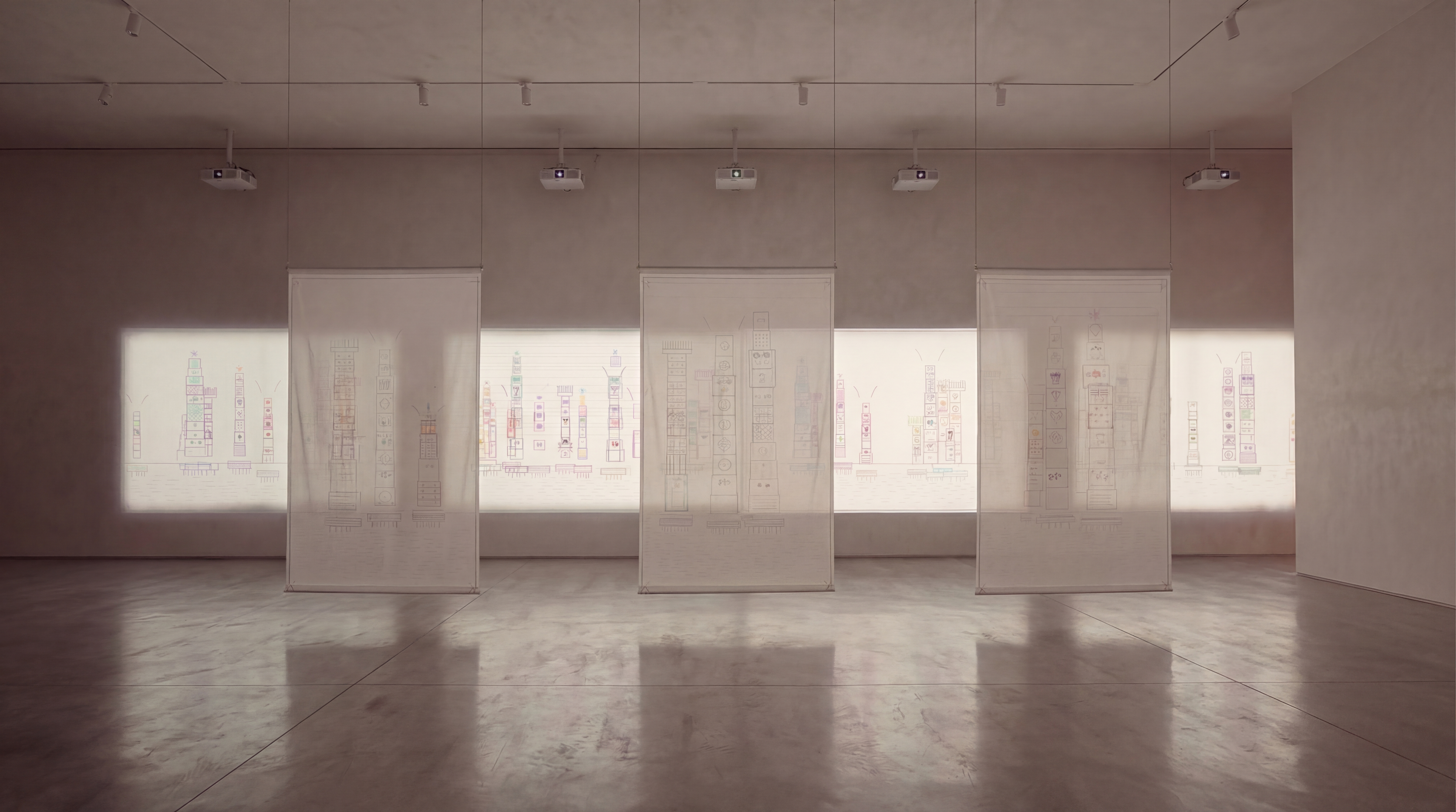 Gallery installation study — four connected projected DATASPHERE works with suspended translucent architectural paper panels in front