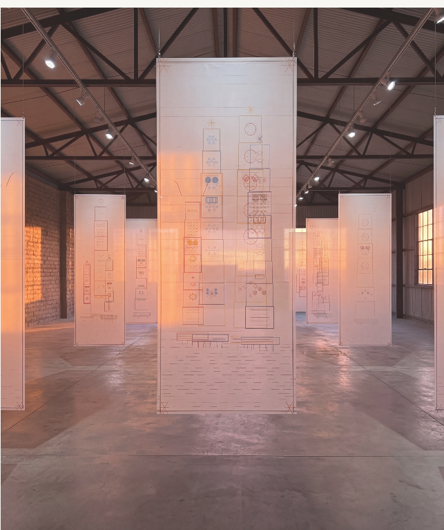 Installation study — suspended architectural paper panels in a warehouse gallery at golden hour