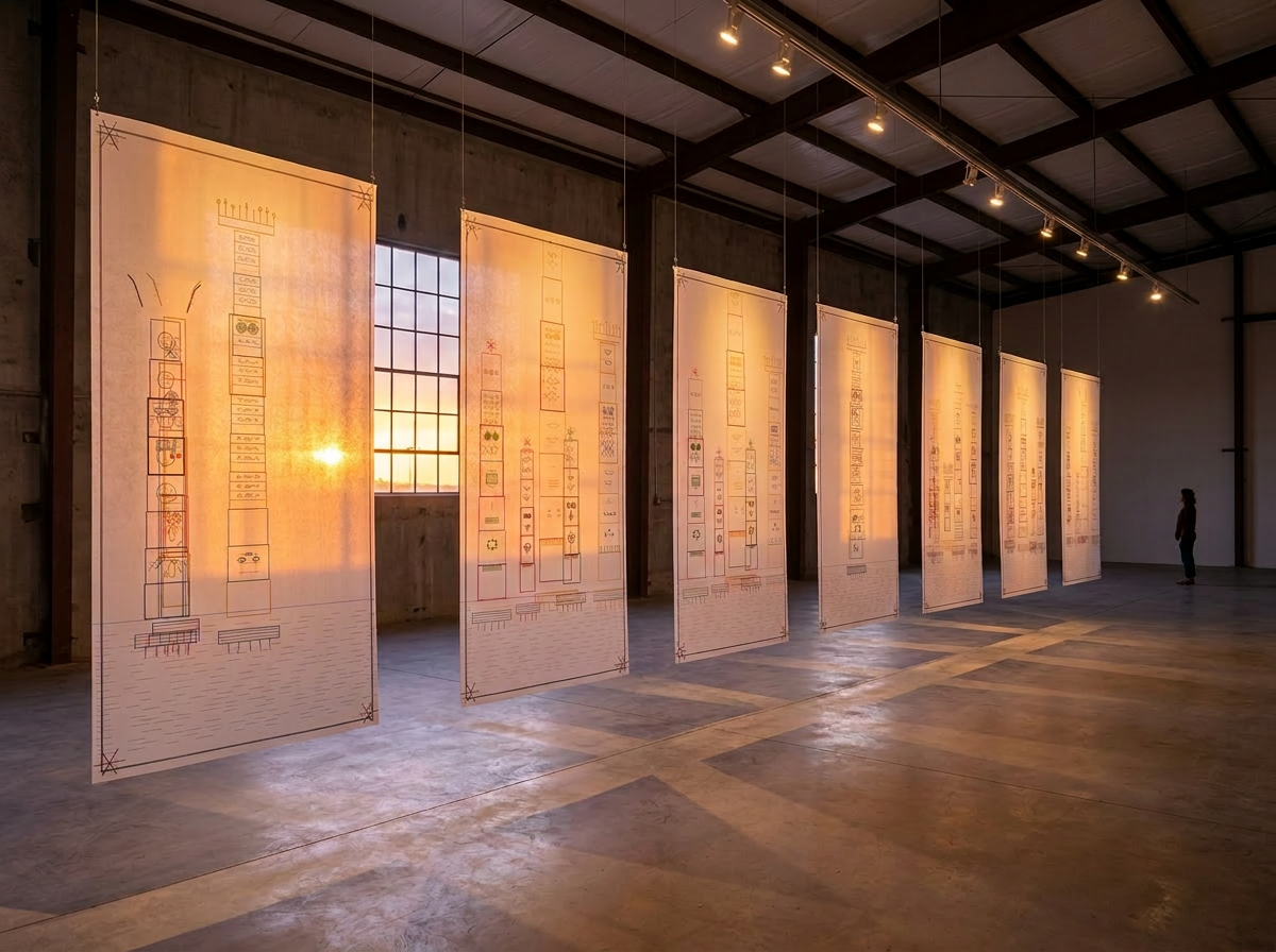 Installation reference — a sequence of suspended translucent architectural paper panels glowing at golden hour in a warehouse gallery