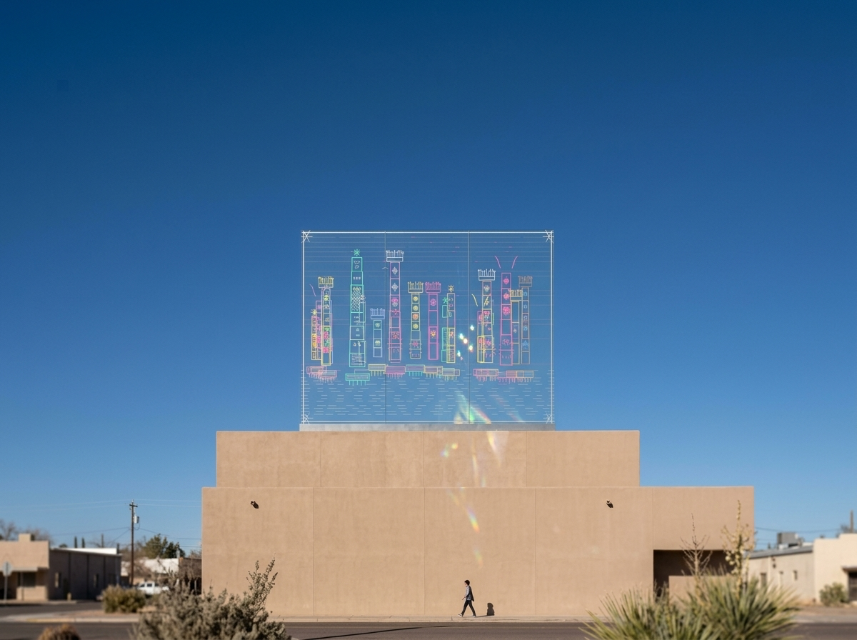 Landscape reference — a monumental glass DATASPHERE panel installed against an adobe volume under open blue sky